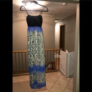 Open back blue black and white maxi dress.